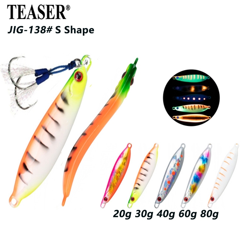 TEASER【J138】s รูปร่าง Micro Jig 20g 30g 40g 60g 80g Luminoua น้ําเค็ม Shore Casting Fishing Lure ปลา Eye Jigs เหยื่อ Double Assist Hook