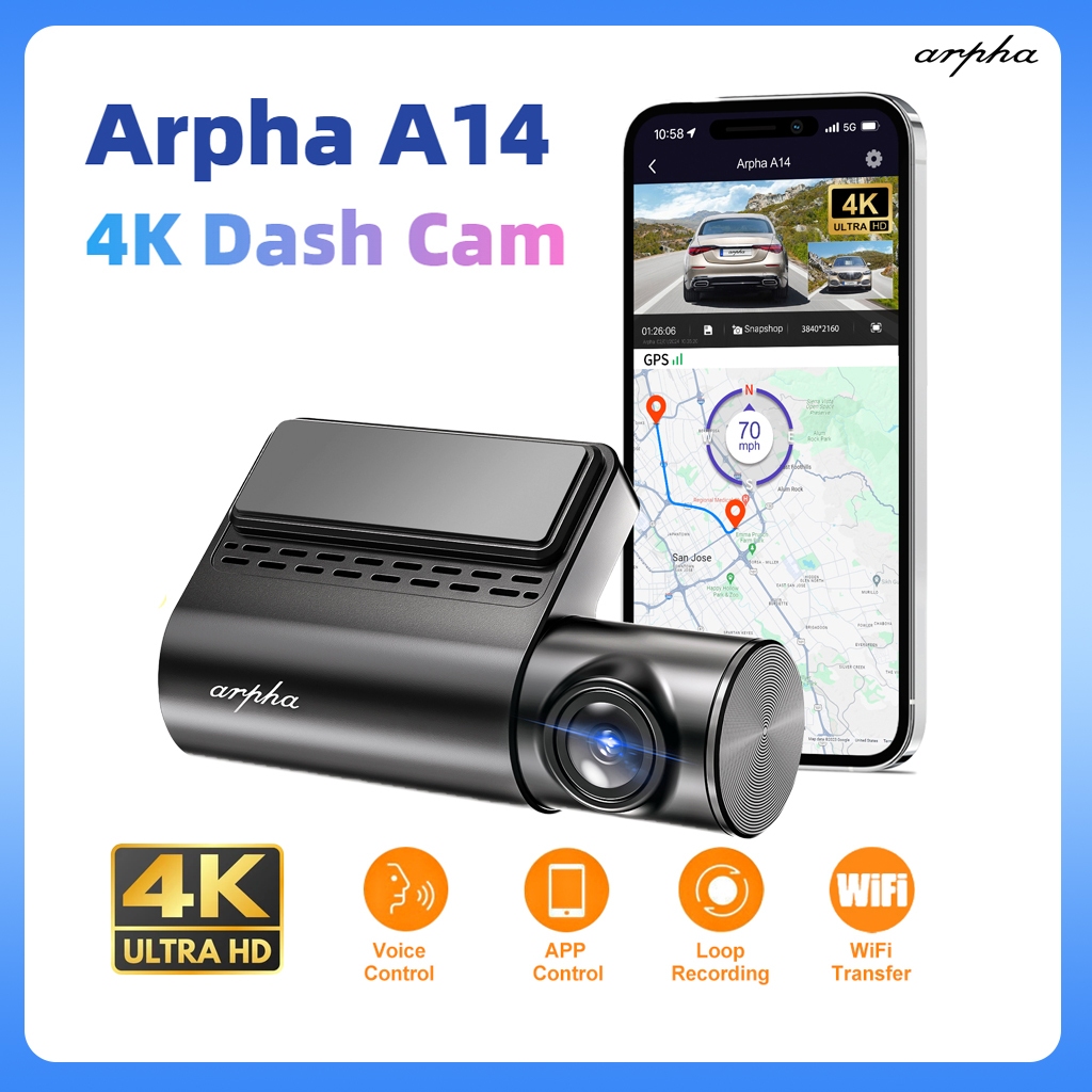 Arpha A14 4K Dashcam 2160P กล ้ องรถยนต ์ เครื ่ องบันทึกการขับขี ่ พร ้ อมการควบคุมแอปควบคุมเสียง GPS