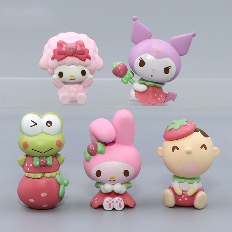 5 ชิ้น/เซ็ตอะนิเมะ My Melody รูปสตรอเบอร์รี่ Party Kuromi กบ Kero Kero Keroppi แกะเปียโนรุ่น Q PVC ตัวเลขการกระทําตุ๊กตาของเล่น