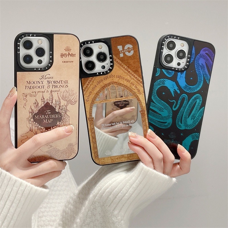 Casetifg Joint Harry Magic Academy คุณภาพสูงกระจกเคสโทรศัพท์พร้อมกล่องสําหรับ iPhone 16 11 12 13 14 15 Pro Max 16Plus ซิลิโคนด้านข้างตัวอักษรแกะสลักป้องกันปลอกกันกระแทก PC ฝาครอบ