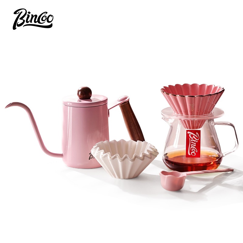 Bincoo หม้อกาแฟชงมือชุดมินิสีชมพูหม้อแบ่งปันพร้อมถ้วยกรองบ้านเครื่องบดมือชุดเครื่องชงกาแฟเครื่องชงกาแฟชุด