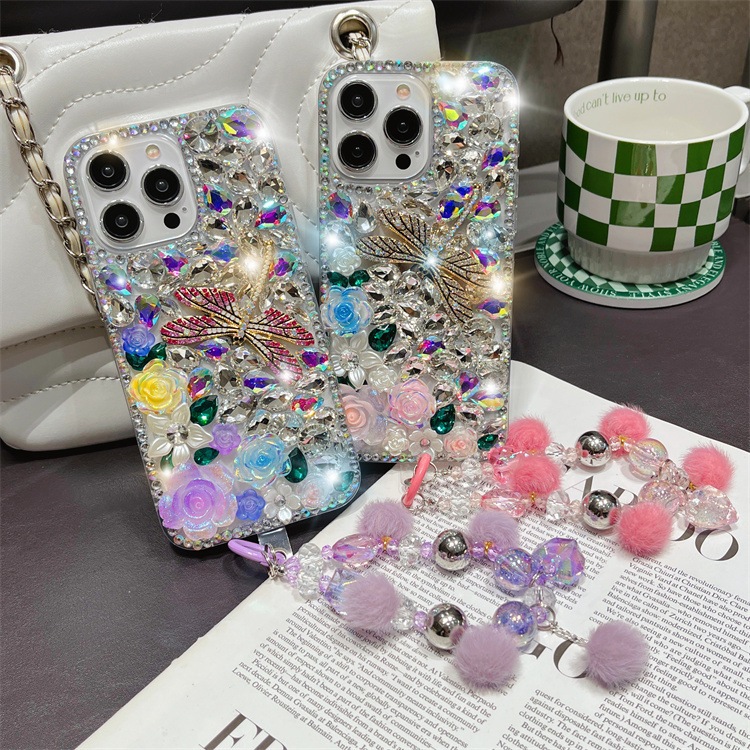 Bling Dragonfly ดอกไม้เพชรสําหรับ iPhone 11 12 13 14 15 16 Pro Max X XR XS 7 Plus ปลอกคริสตัลผม Ball สร้อยข้อมือหรูหราสีสัน Rhinestone Clear TPU ฝาหลัง