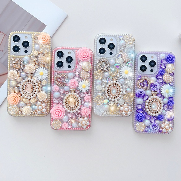 Bling สาวสวยเพชรดอกไม้สําหรับ iPhone 11 12 13 14 15 Pro Max X XR XS 7 Plus ปลอกหรูหราสีสัน Rhinestone อัญมณี Love Heart น่ารัก Clear TPU ปกหลัง