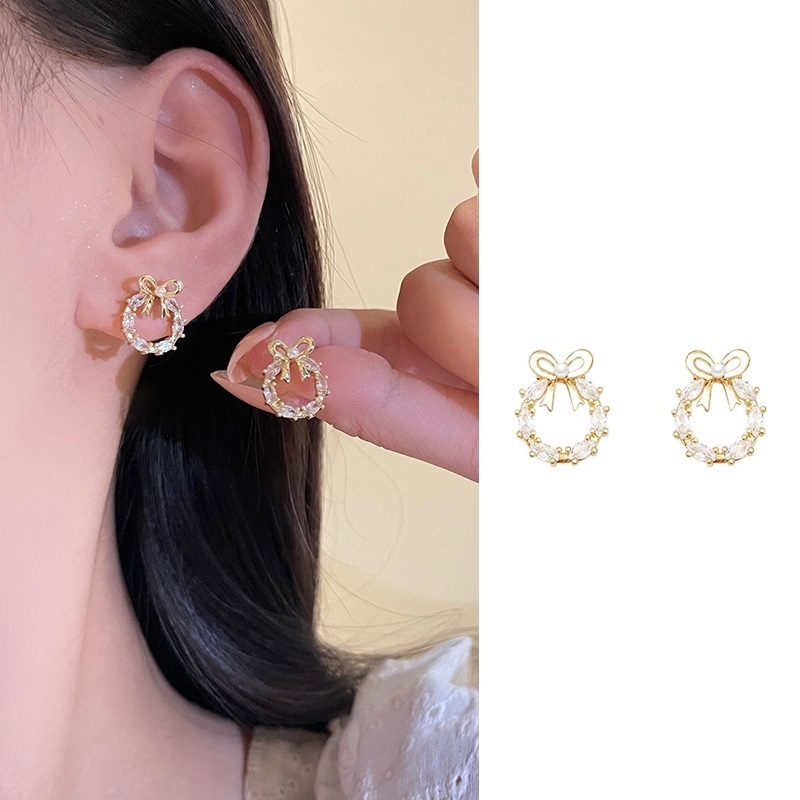 ต่างหูโบว์ประดับมุกสไตล์เกาหลีสําหรับผู้หญิง