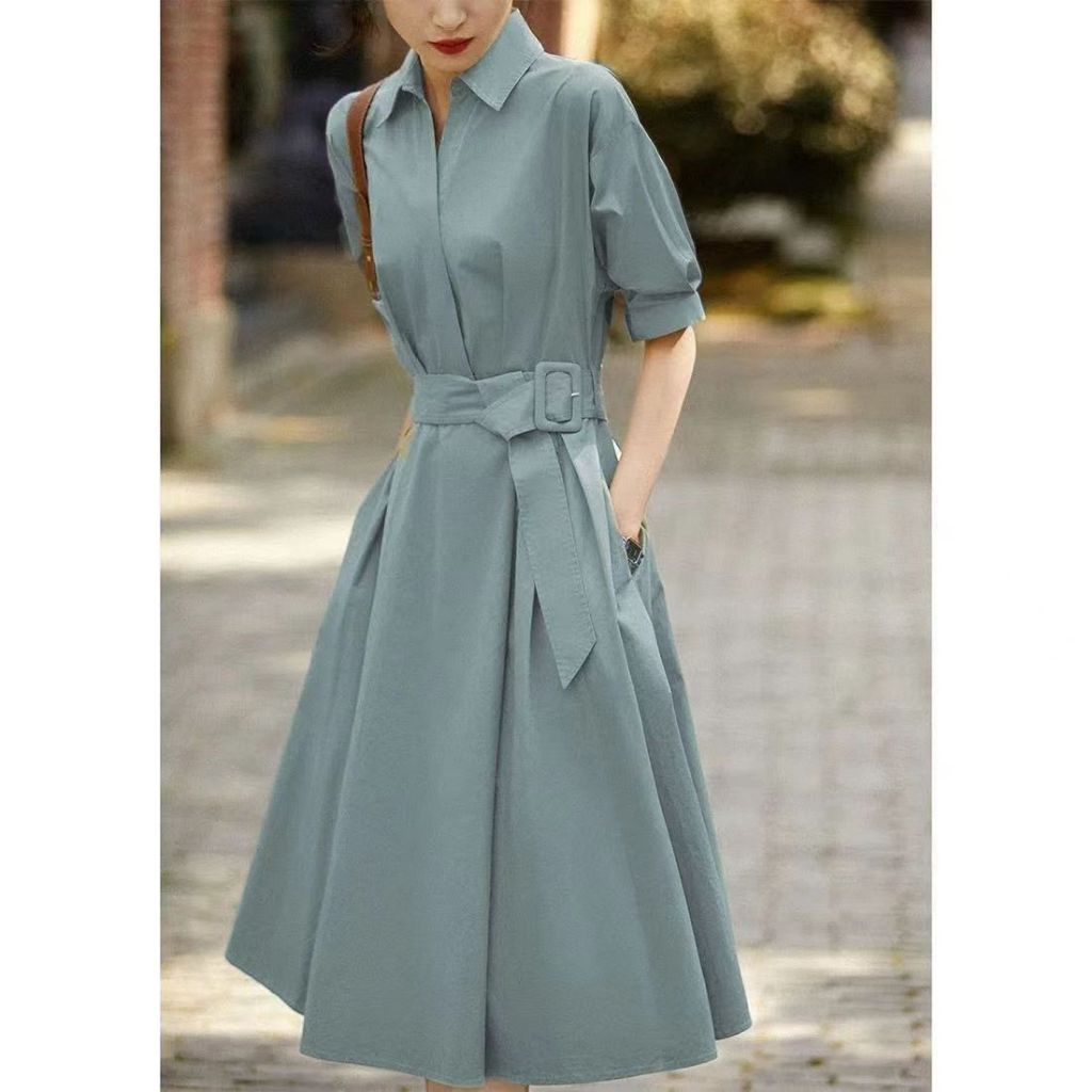 Elegant Plain Simple Shirt Dress Women Summer Short Sleeve Dress