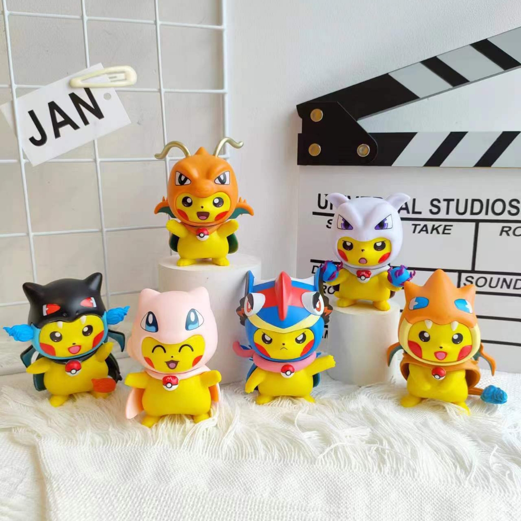 6 ชิ้น/เซ็ต 8-9 ซม.อะนิเมะรูป Pikachu คอสเพลย์ Charizard Dragonite Mewtwo Greninja Mew รุ่น Q PVC ตัวเลขการกระทําตุ๊กตาของเล่น
