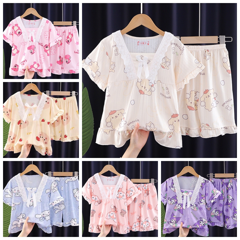 Delightful Child Short Sleeve home wear Girls โพลีเอสเตอร ์ Square Collar ชุดนอนสําหรับ 4 - 5 ปี