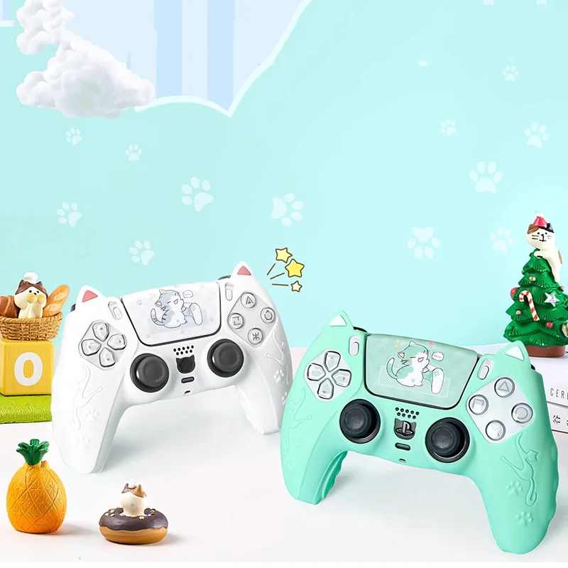 Ps5 Controller ชุดซิลิโคนแมวน่ารัก Thumb Grip Caps + PS5 Controller Shell Cover + Stiker สําหรับ SONY Playstation 5