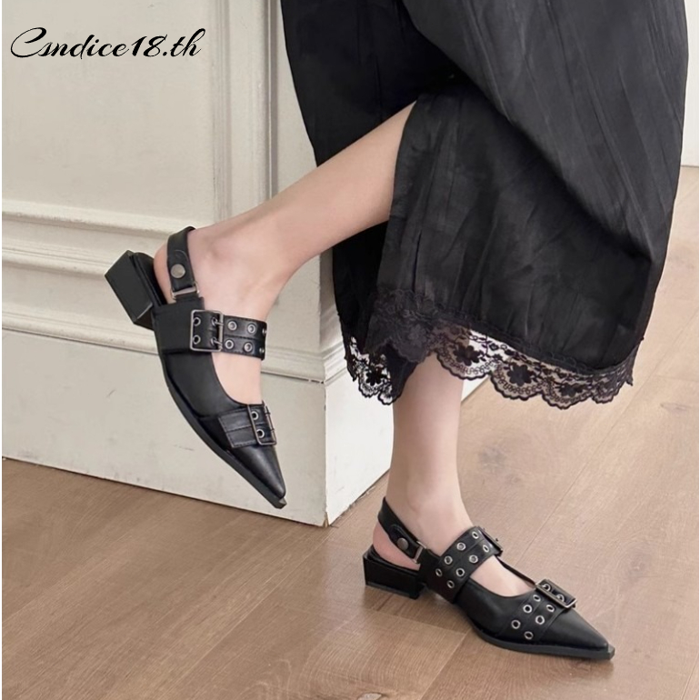 【ON STOCK】34-42 รองเท้า ส้นเตี้ย หัวแหลม แต่งรูกลวง แฟชั่นสําหรับผู้หญิง