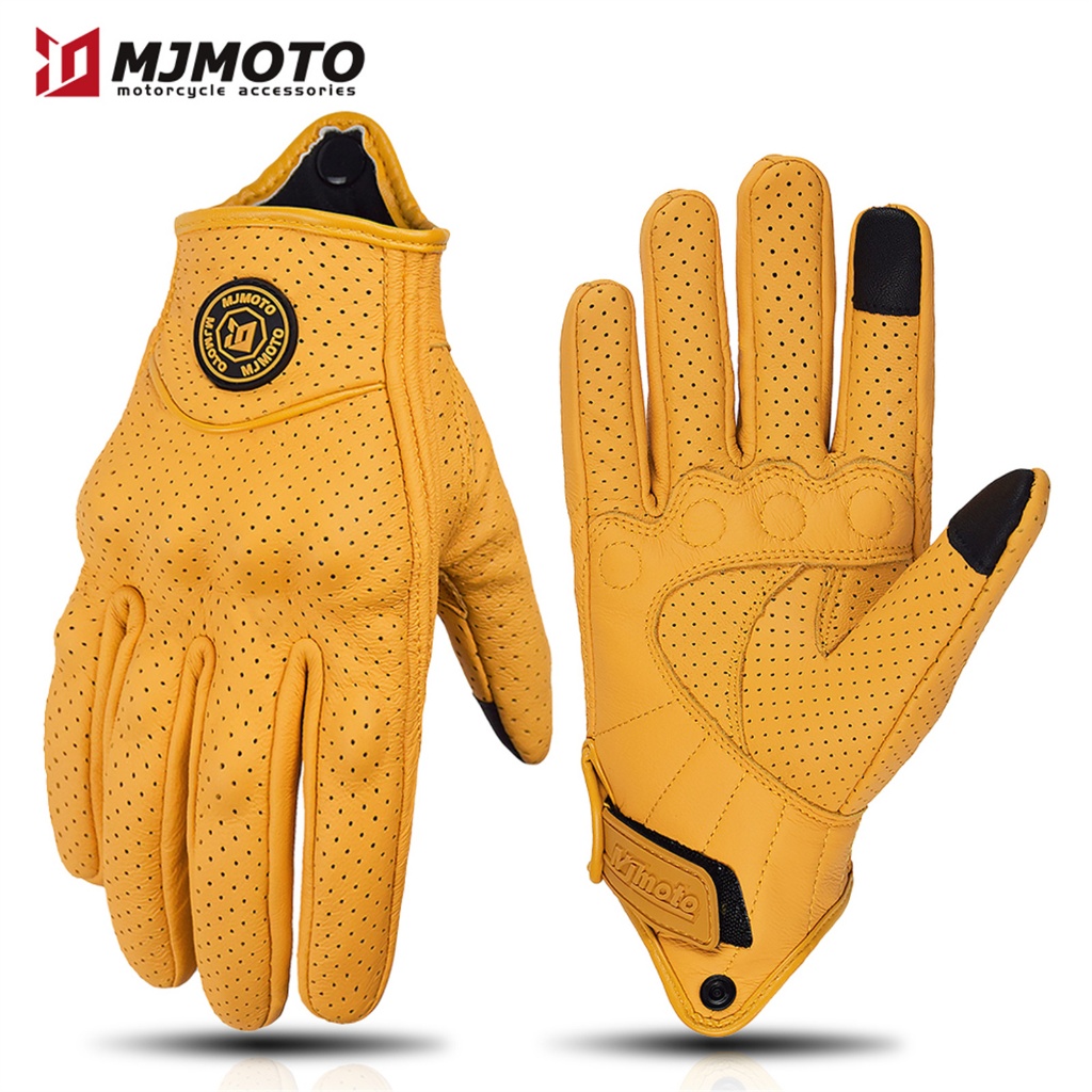 MJMOTO Retro ถุงมือหนังรถจักรยานยนต์ฤดูร้อน Breathable ผู้ชาย Nostalgic Classic Biker ถุงมือกีฬากลางแจ้งป้องกัน CE Certification หน้าจอสัมผัสสีเหลือง Vintage ถุงมือหนัง