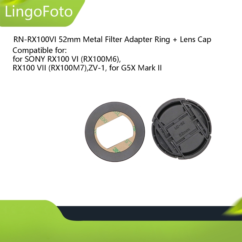 RN-RX100VI 52 มม.โลหะกรองอะแดปเตอร์แหวน + ฝาครอบเลนส์สําหรับ Sony RX100 M5 / RX100 M6 / RX100 M7