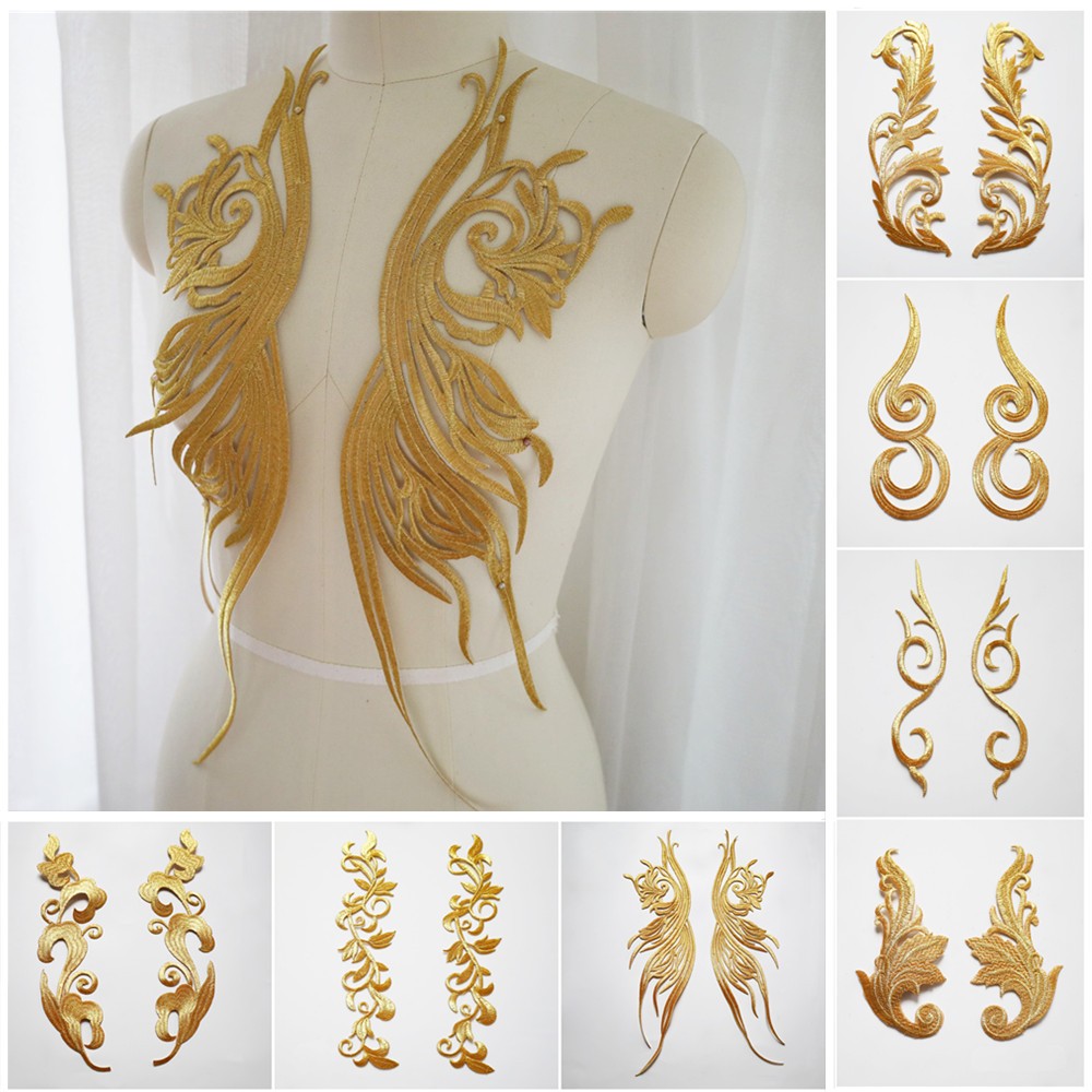 2 ชิ้นเย็บปักถักร้อยทองเงิน Applique ลูกไม้ Trim ผ้าชุดเย็บเหล็กบน Patch Noble สําหรับงานแต่งงานเสื้อผ้าชุด Decor DIY หัตถกรรม