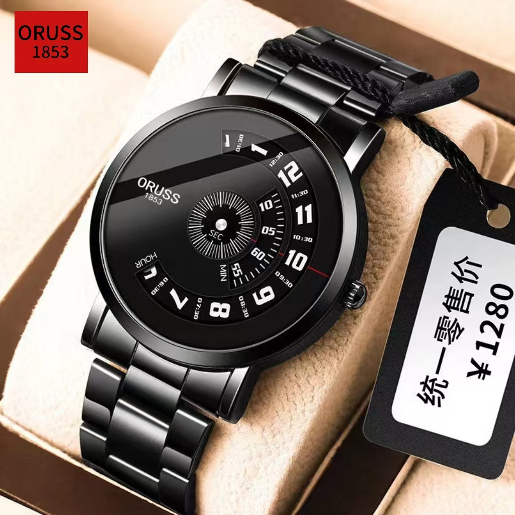ORUSS Original สแตนเลสแฟชั่นที่ไม่ซ้ํากันหรูหรากันน้ําสีดําผู้ชายเข็มขัดนาฬิกาเกาหลีรุ่น Boy Quartz 