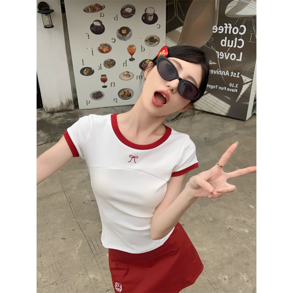 【BANKO】เสื้อผ้าผู้หญิงฤดูร้อนเวอร์ชั่นเกาหลี Slimmer ดูโบว์สีขาวปักแขนสั้น T @