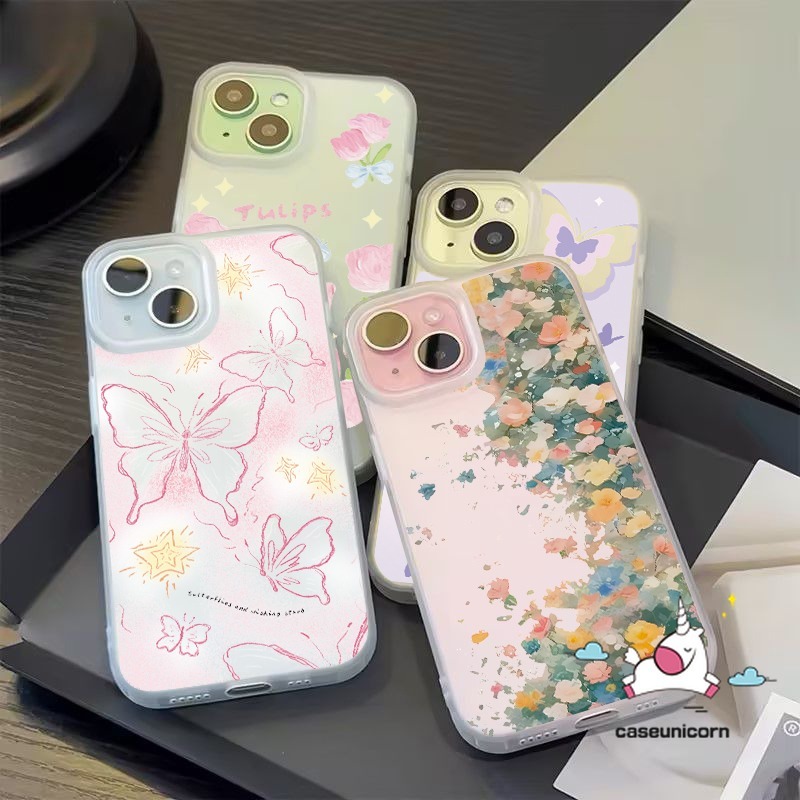 แฟนตาซีภาพวาดผีเสื้อการ์ตูนโรแมนติกศิลปะดอกไม้tulipสําหรับiphone 11 13 14 12 15 Pro Max 7Plus 6s 7 6 8 Plus XR X XS Max SE2020 หรูหราขนาดใหญ่Hhole Frostedกรณี