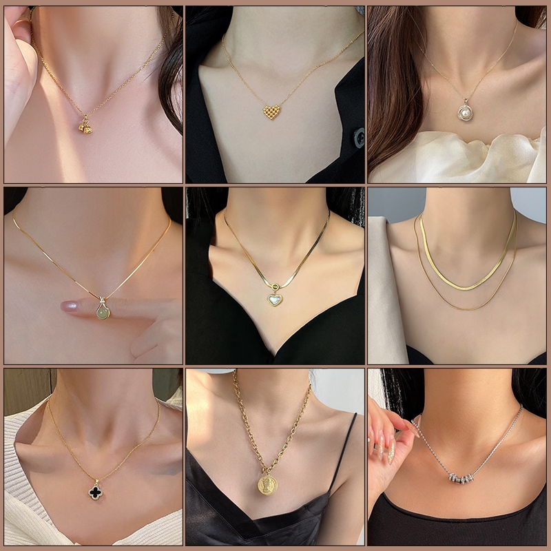 สร้อยคอเหล็กไทเทเนียมสําหรับผู้หญิง - 33 แบบ! Clover/Cross/Feather/Cuban CHAIN Y2K/ Gothic/Punk สร้อ