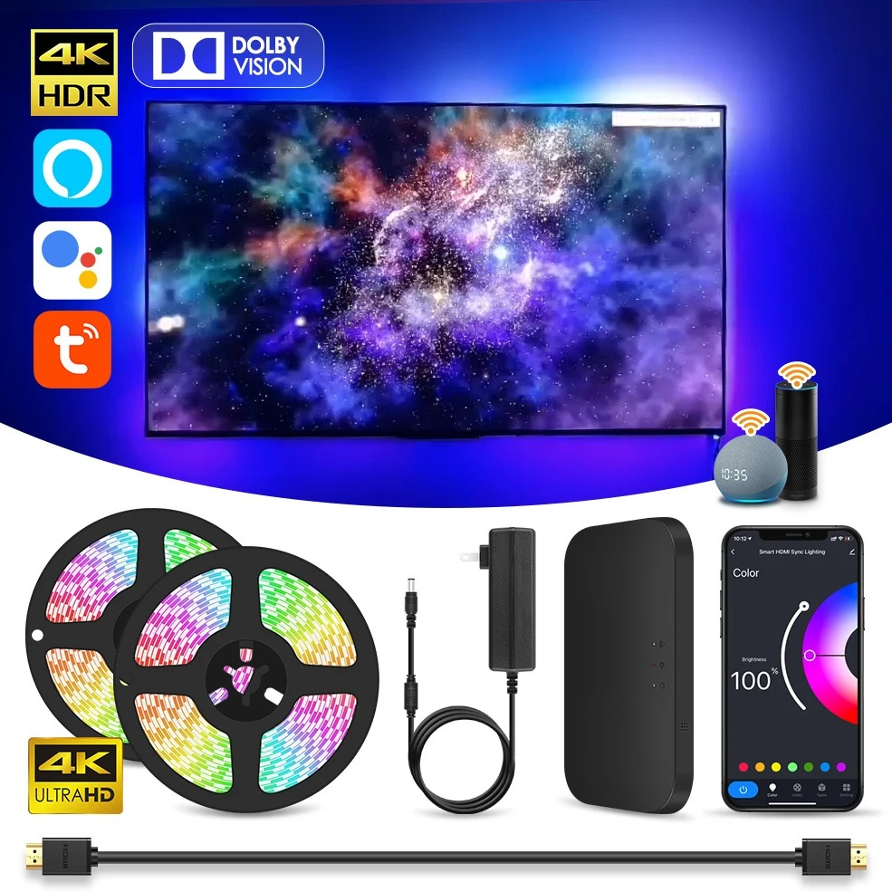 สมาร์ท Ambient TV Led Backlight พร้อม HDMI 2.1 Sync Box RGB IC Led Strip Light Kit Ambilight Lighting WiFi Alexa Voice Control