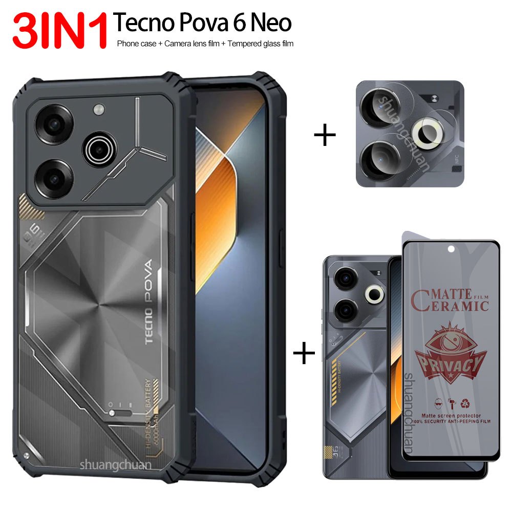 3in1 สําหรับ Tecno pova 6 neo เคสโทรศัพท์ pova 6 neo เซรามิคป้องกันฟิล์ม + เลนส์ฟิล์ม + กันกระแทกเคส