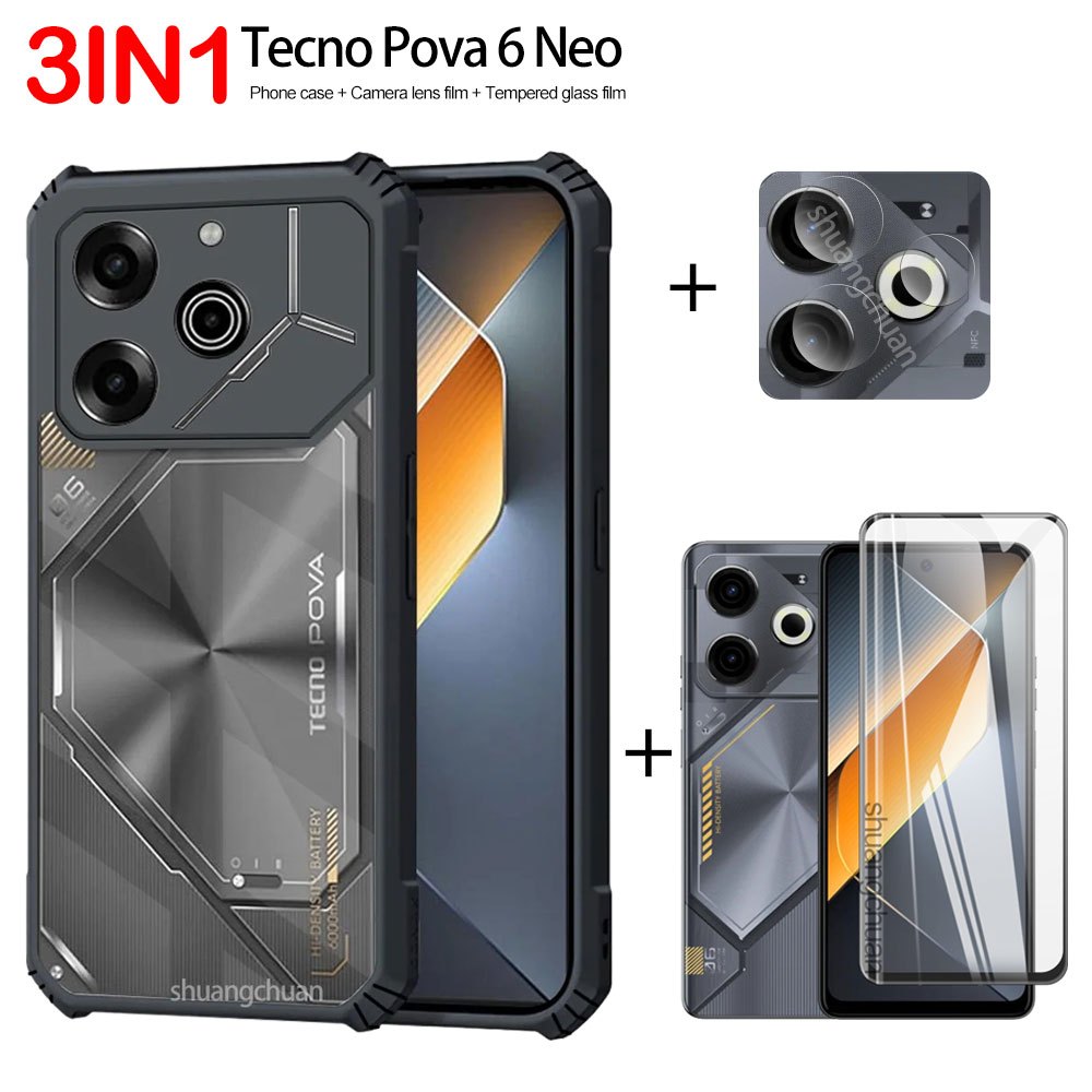 3in1 สําหรับ Tecno Pova 6 Neo เคสโทรศัพท์และ Pova 6 Neo กระจกนิรภัยแบบเต็มหน้าจอฝาครอบฟิล์มกระจกนิรภ