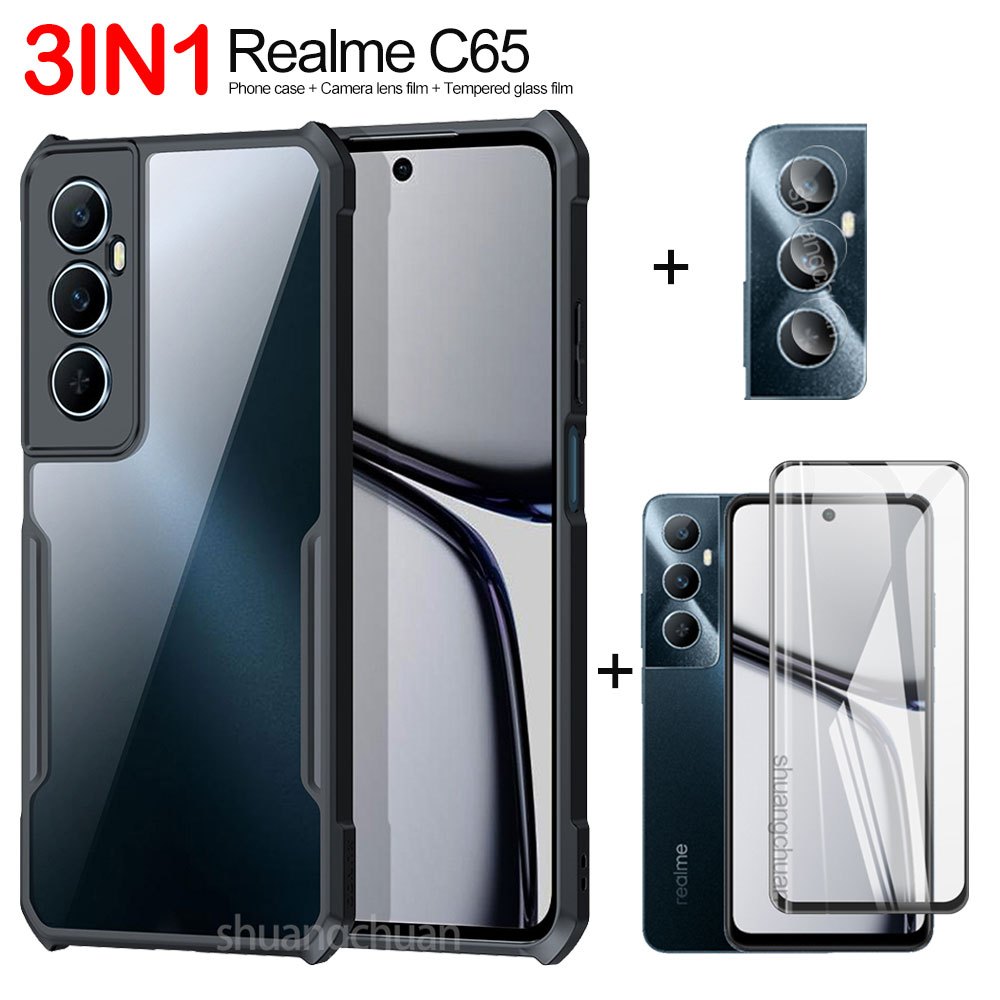 3in1 สําหรับเคสโทรศัพท์ Realme C65 และกระจกนิรภัย Realme C65 ฝาครอบแบบเต็มหน้าจอฟิล์มกระจกนิรภัย + เ