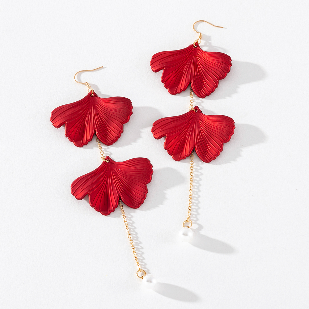 Exaggration Bohemian Red Leaf ต่างหูมุกยาวหญิงบุคลิกภาพเพชร Maple Leaf ต่างหู 925 High Sense ต่างหูผู้หญิงเครื่องประดับ PD138