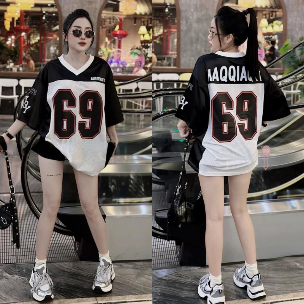 เสื้อยืดฟุตบอลตาข่าย unisex เบอร์ 69 เสื้อยืดกีฬา ขนาดใหญ่เกินไป หลวมผู้ชายและผู้หญิงเสื้อยืดแขนสั้นสตรีทสวมสําหรับเด็กผู้หญิง