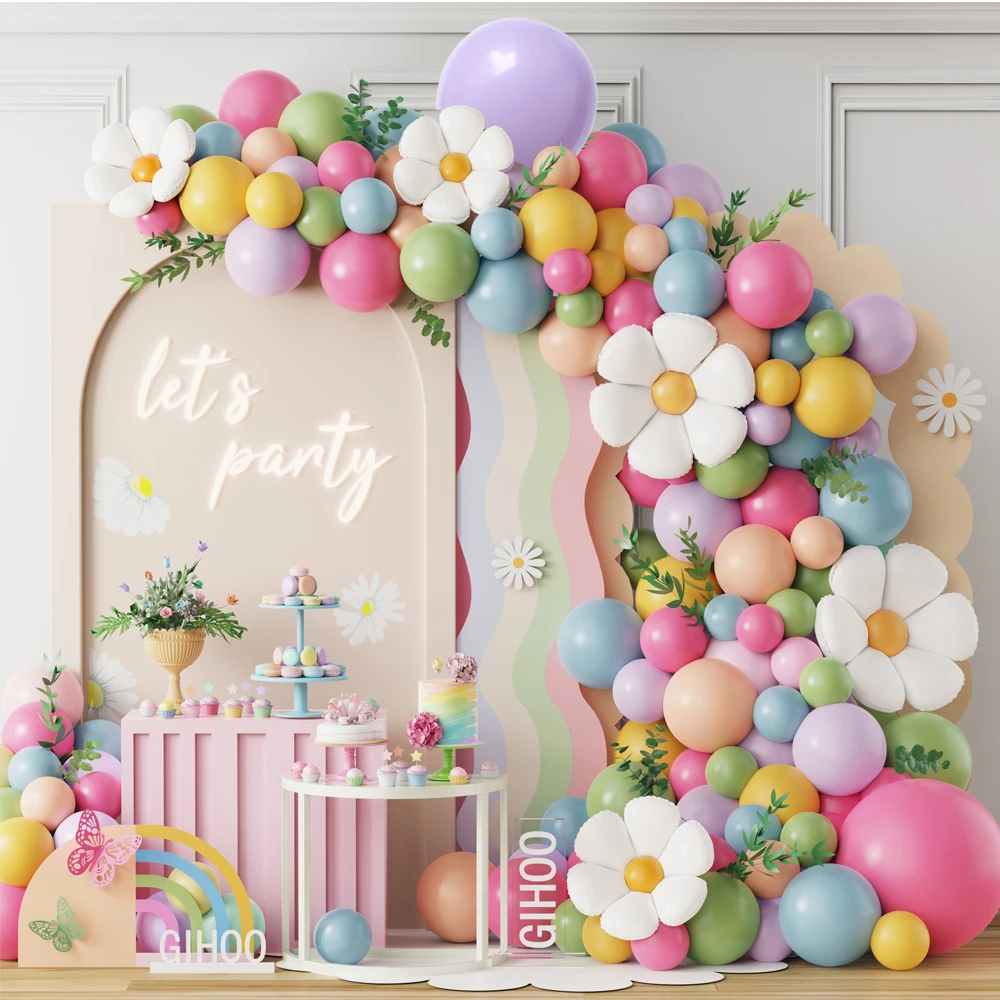 97pcs ดอกไม้สีขาว Daisy บอลลูน Garland Arch ชุดพาสเทล Macaron สีชมพูสีเหลือง Latex บอลลูนงานแต่งงาน Happy Birthday Party Decor