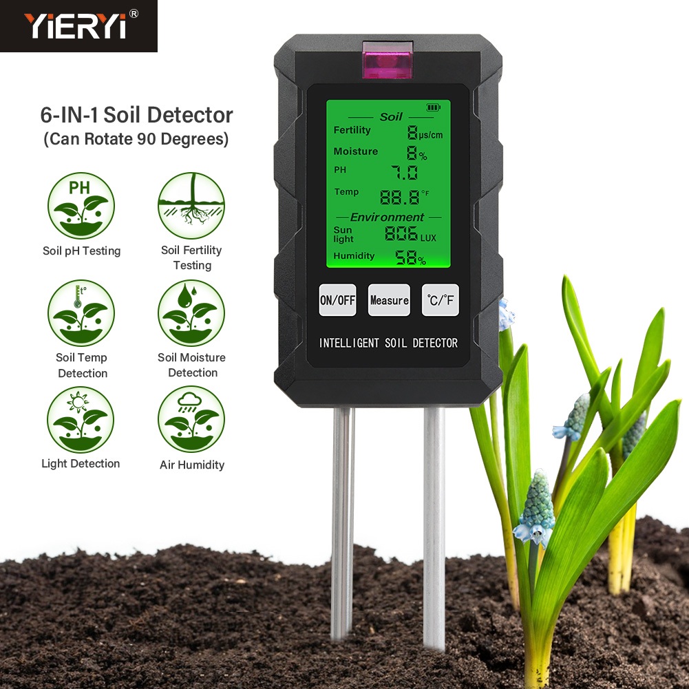 Yieryi 6-in-1 เครื่องตรวจจับดิน PH Meter, เครื่องมือวัดแสงและความชื้นกระถางดอกไม้, การตรวจจับค่าการเจริญพันธุ์ดินในสวน