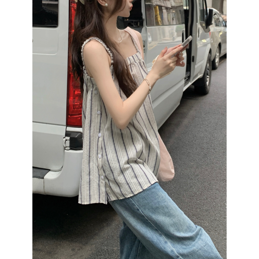 75429 เสื้อกล้ามทรงหลวมลายทางผ้าฝ้ายสไตล์วันหยุดผู้หญิง