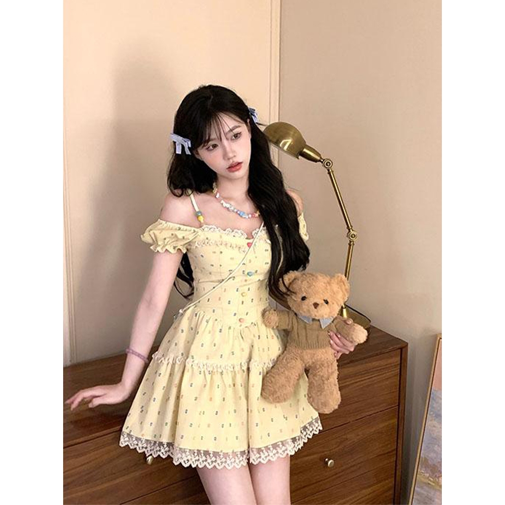 xiaozhainv ชุดเดรสสีเหลืองแบบตัดกันสําหรับผู้หญิงเอวและกระโปรงสั้นแบบฟูๆ