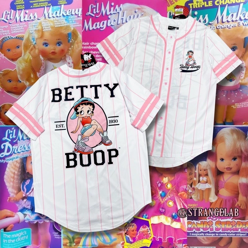 Betty BOOP Unsixe Stickball พิมพ์ลายน่ารักโอเวอร์ไซส์หลวมเสื้อยืดเบสบอลสําหรับผู้ชายและผู้หญิง Hot Trend 2567