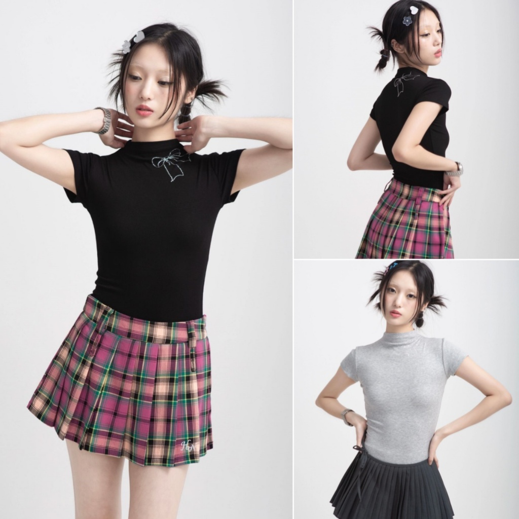 Betty house พร้อมส่ง เสื้อโบว์ เสื้อรัดรูปผู้หญิง แขนสั้นแฟชั่น สีพื้น คอสูง โบว์ สไตล์เกาหลี ใส่กับชุดอะไรก็เข้าได้