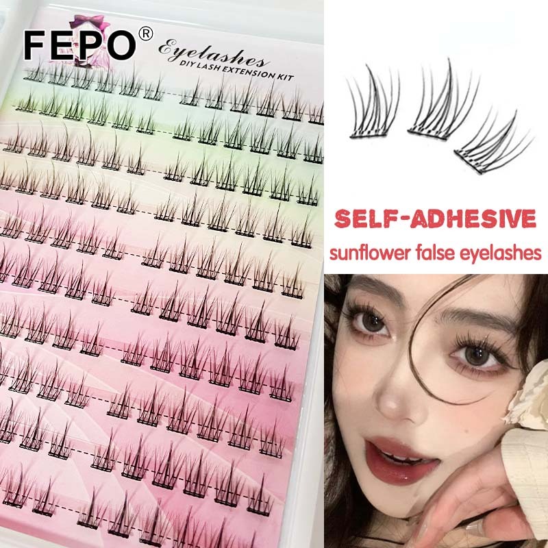 FEPO 10 แถว ขนตาปลอมแบบมีกาวในตัวไม่ต้องใช้กาว ขนตากาวในตัวเริ่มต้น120แผ่น10-13มม