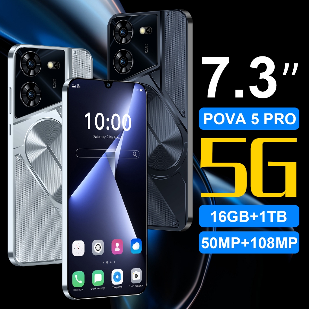 Pova 5 Pro Tecno สมาร์ท 5G โทรศัพท์มือถือ 7.3 นิ้ว HD หน้าจอขนาดใหญ่ Android 13 16GB RAM + 1TB ROM โ