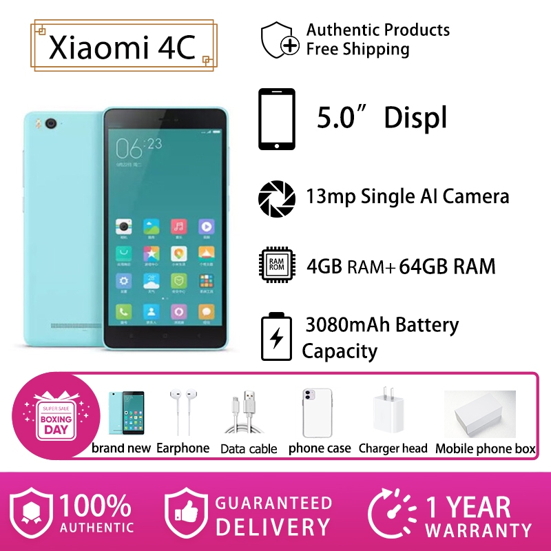 Xiaomi 4C 4G เครือข่าย 4+64G หน้าจอขนาด 5.0 นิ้วโทรศัพท์มือถือของแท้ 100% ชุดเต็มของแบตเตอรี่โทรศัพท์มือถือเดิมความจุ 3080mAh ฟรีรับประกัน 1 ปีต่ําสุด pr