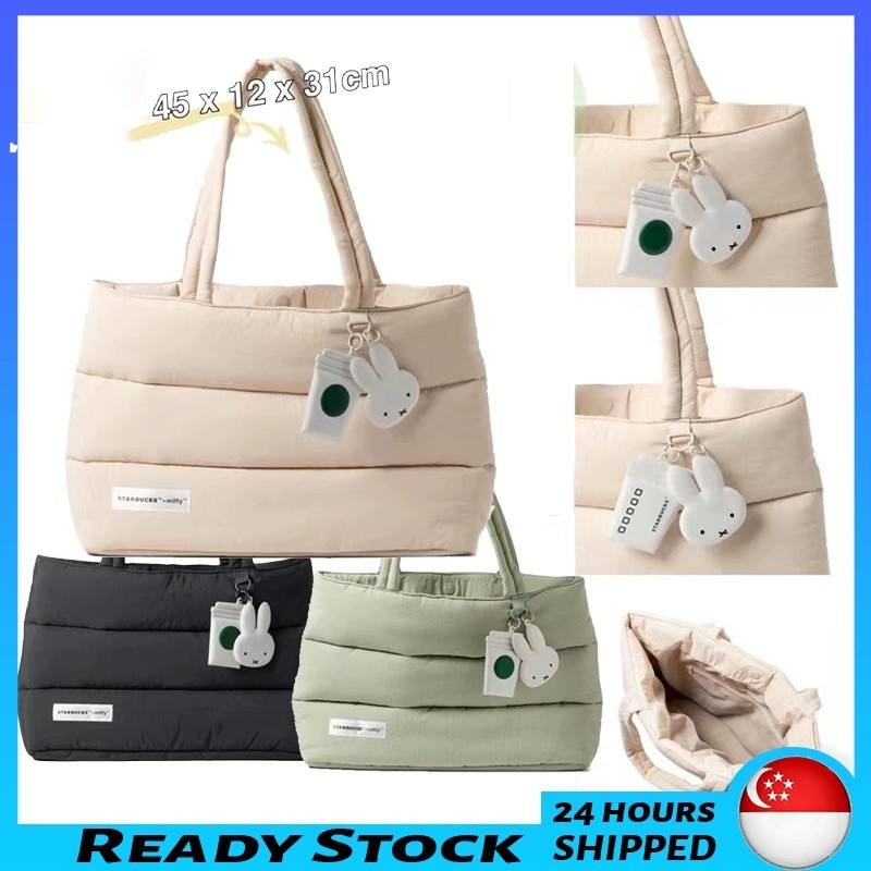 [จัดส่งที่รวดเร็ว 24h] TH Starbucks x Miffy Joint Down Tote Bag Preppy Style Large Capacity Casual Shoulder Handbag Female READY STOCK