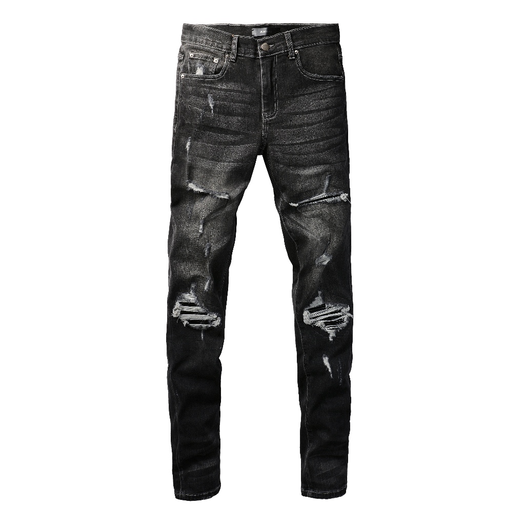 Amiri High Street แฟชั่นผู้ชายกางเกงยีนส์สีเทาผอมหนังสีดำแพทช์ออกแบบคุณภาพสูงสไตล์ฮิปฮอปกางเกงยีนส์ผู้ชาย
