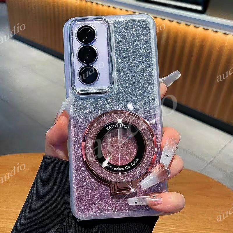 Glitter Bling Magnetic Bracket เคสโทรศัพท์สําหรับ Oppo A3 Pro a3pro a3pro OppoA3Pro 5G 2024 เลนส์กล้องเต็มฟิล์มป้องกัน Glitter เคสโทรศัพท์พร้อมขาตั้งเดสก์ท็อปแหวนนิ้ววงเล็บ