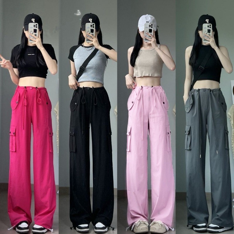 กางเกงขายาว มีกระเป๋า เชือกผูก สีพื้น สไตล์ลำลอง สำหรับผู้หญิง
