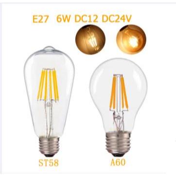 E27 หลอดไฟ LED โคมไฟ COB LED Filament หลอดไฟ DC24V 12V 6W ST58 A60 2700K 4500K Edison Vintage หลอดไฟ LED ไฟตกแต่งห้องนอนโคมไฟ
