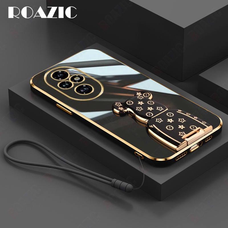 Bear Holder เคสโทรศัพท์สําหรับ Honor 200 Pro 5G พร้อม Lanyard Electroplate ปลอกซิลิโคนอ่อนนุ่มวงเล็บกันกระแทกฝาหลัง SXL01-2