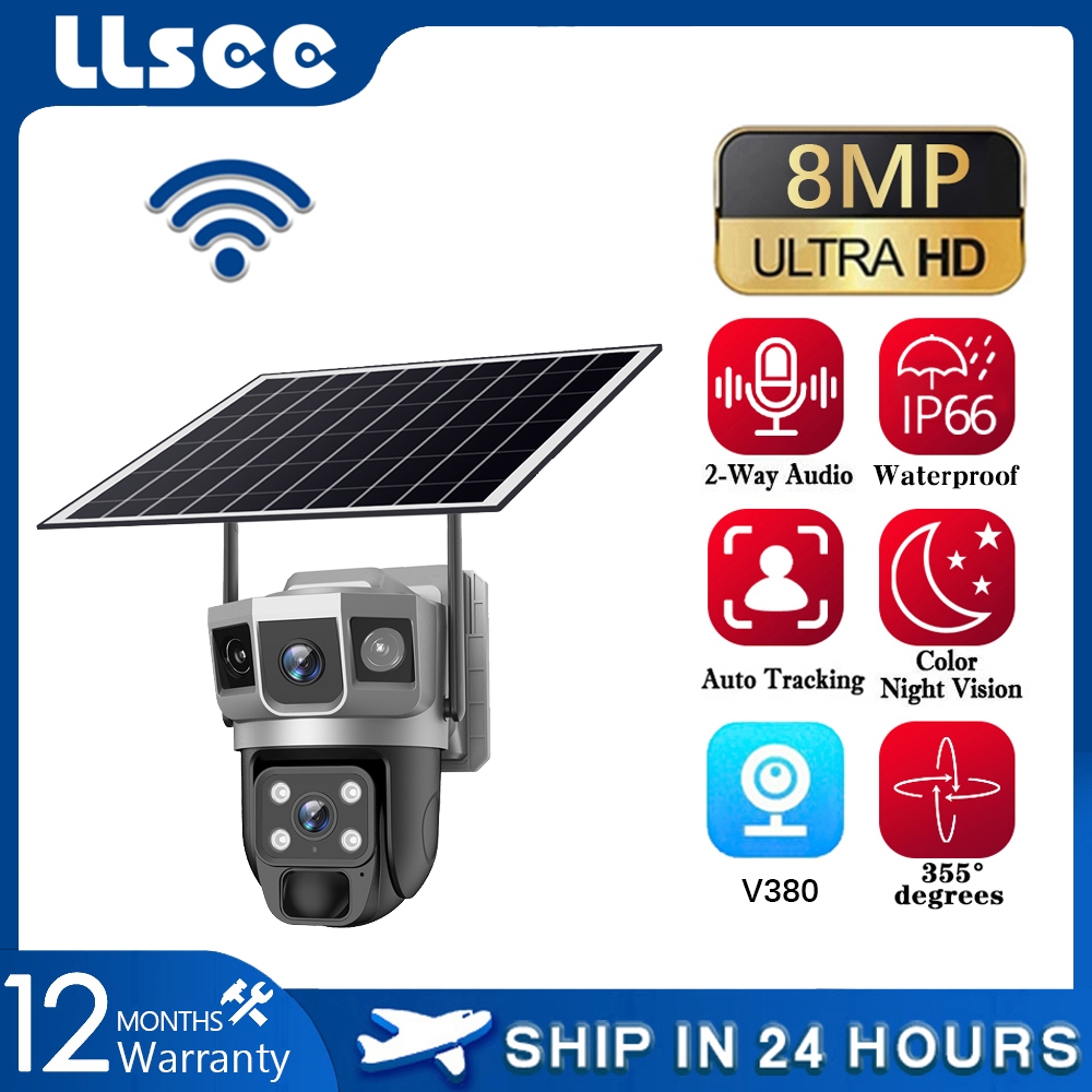 LLSEE V380 4K กล้องวงจรปิดพลังงานแสงอาทิตย์กันน้ำแบบไร้สาย WIFI กล้องรักษาความปลอดภัยเลนส์คู่ 360 กา