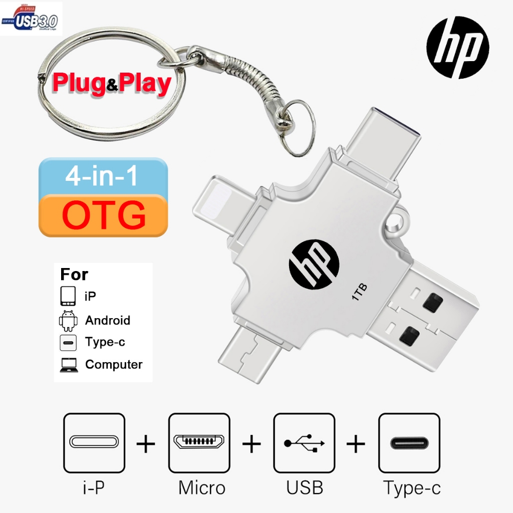 Hp 1TB 4-in-1 แฟลชไดรฟ์ USB 3.0 Memory Stick OTG Fast Speed Plug and Play Pendrive Type-C iP Micro USB และ USB 4 อินเทอร์เฟซ Dirr สําหรับ i/O/S/แท็บเล็ต/Android/สมาร์ทโฟน/PC