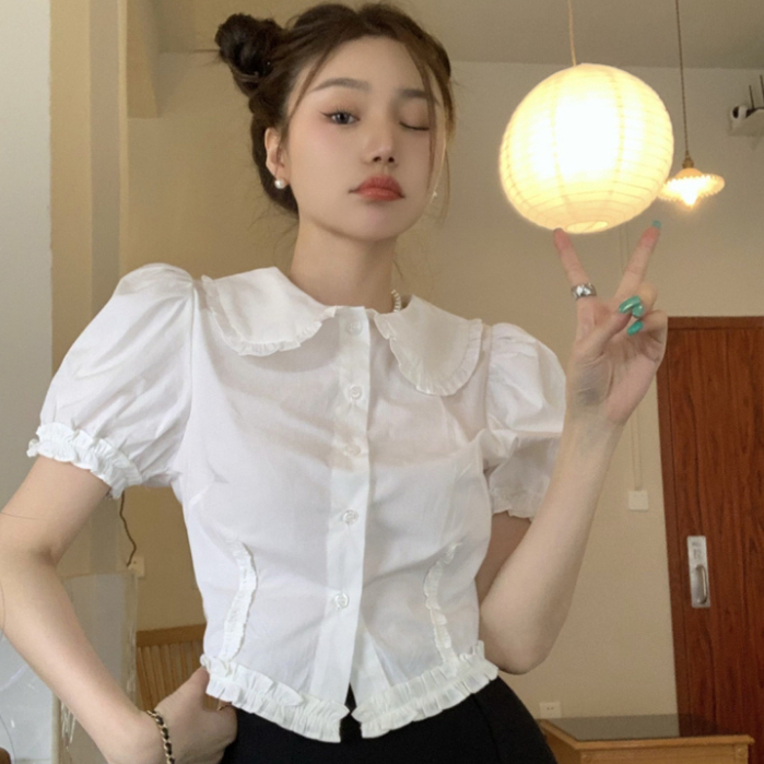 Floerns เสื้อเบลาส์ผู้หญิง มีกระดุม คอมีระบาย สีพื้น สไตล์ลำลอง