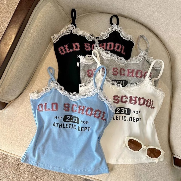 เสื้อสายเดี่ยวลูกไม้พิมพ์ลายตัวอักษรสไตล์หวานสไตล์เกาหลีพร้อมแผ่นรองหน้าอก