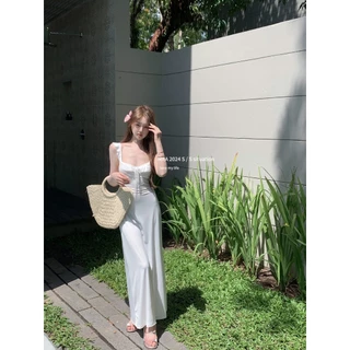 Betty house🌸พร้อมส่ง ชุดเดรส เดรสยาว เดรสเกาหลี กระโปรงยาวเปลือยหลังคอวี อ่อนโยน ไปทะเล แขนกุด ขาว แดง เนื้อผ้าใส่สบาย💛