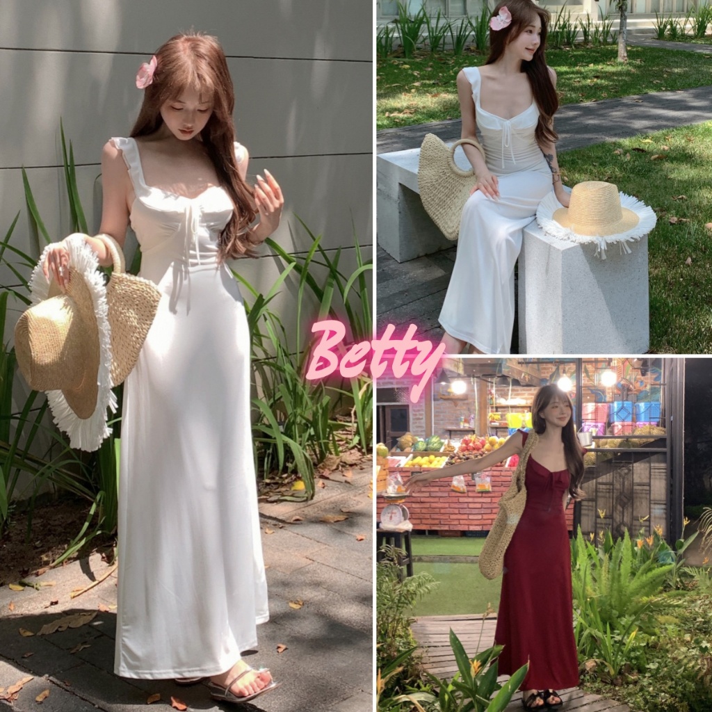 Betty house🌸พร้อมส่ง ชุดเดรส เดรสยาว เดรสเกาหลี กระโปรงยาวเปลือยหลังคอวี อ่อนโยน ไปทะเล แขนกุด ขาว แดง เนื้อผ้าใส่สบาย💛