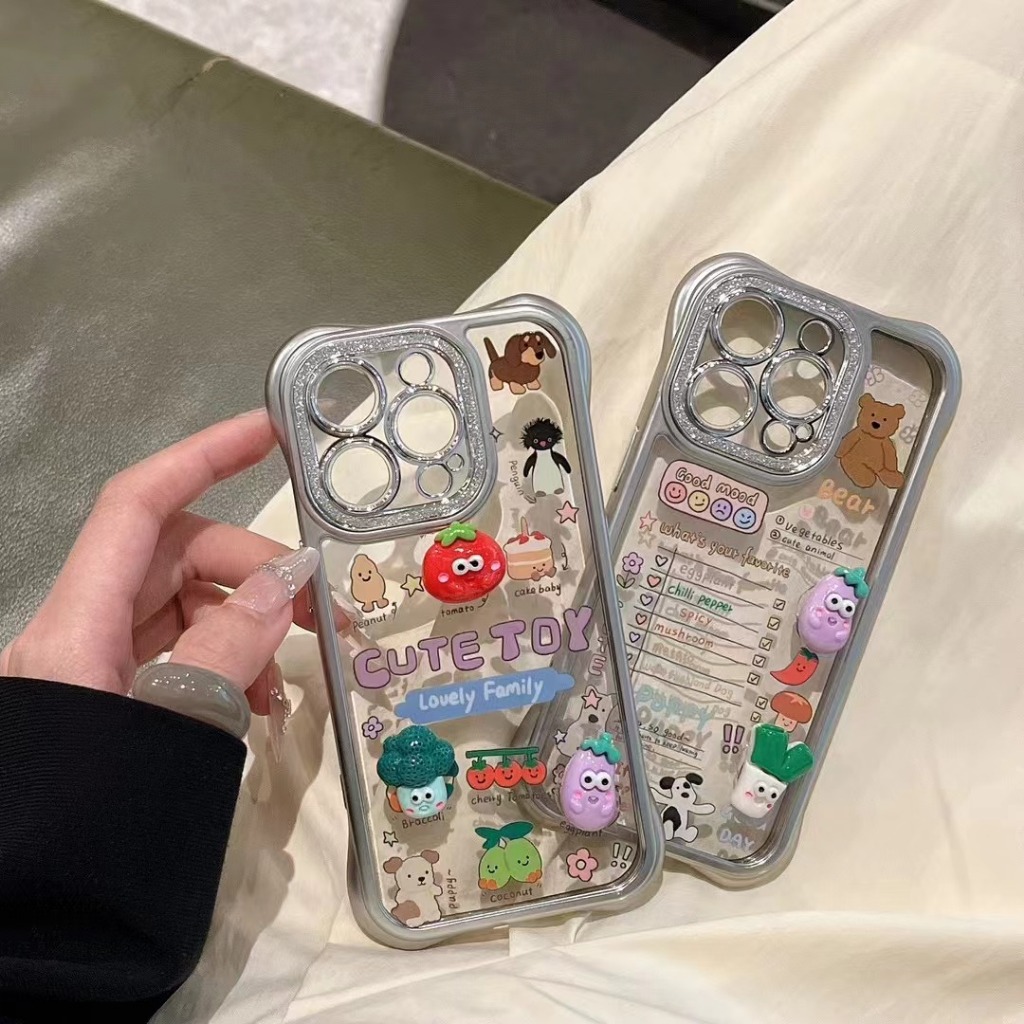 เคส iPhone สี่มุมป้องกันการตกและกระจกน่ารักสติกเกอร์ของเล่นเหมาะสําหรับ iPhone 15 Pro max 15 Pro 15 