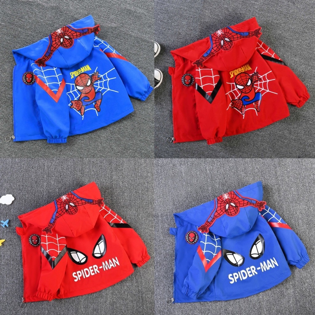 1-8 ปีแจ็คเก็ตสําหรับเด็กน่ารักสีแดงและสีฟ้าเดอร์แมนออกแบบคลุมด้วยผ้าเสื้อกันลมสําหรับเด็กผู้ชายแขนยาวสําหรับเด็ก เด็กผู้ชาย