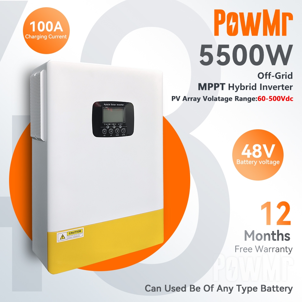 PowMr MPPT 5.5KW Hybrid Inverter Pure Sine Wave ในตัว 100A MPPT Solar Charger Controller 50/60Hz รอง